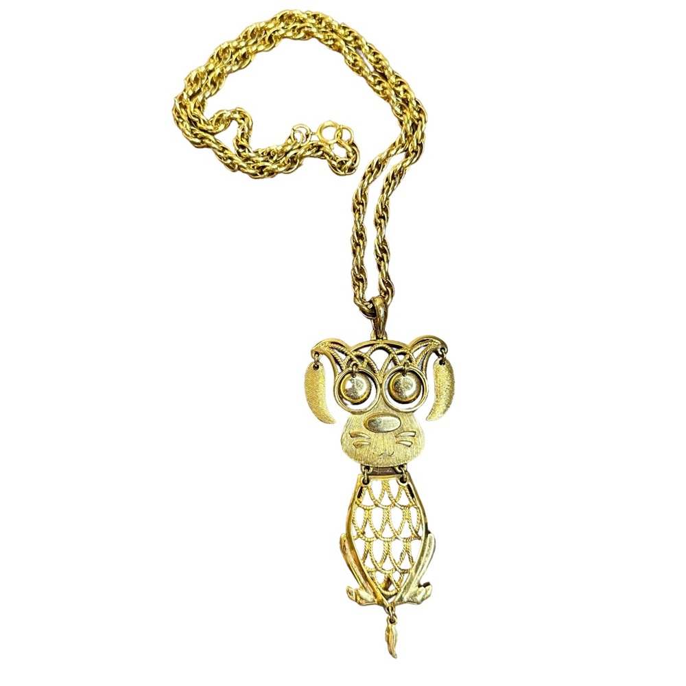 Vintage 70s Articulated Dog Gold Tone Pendant Necklace